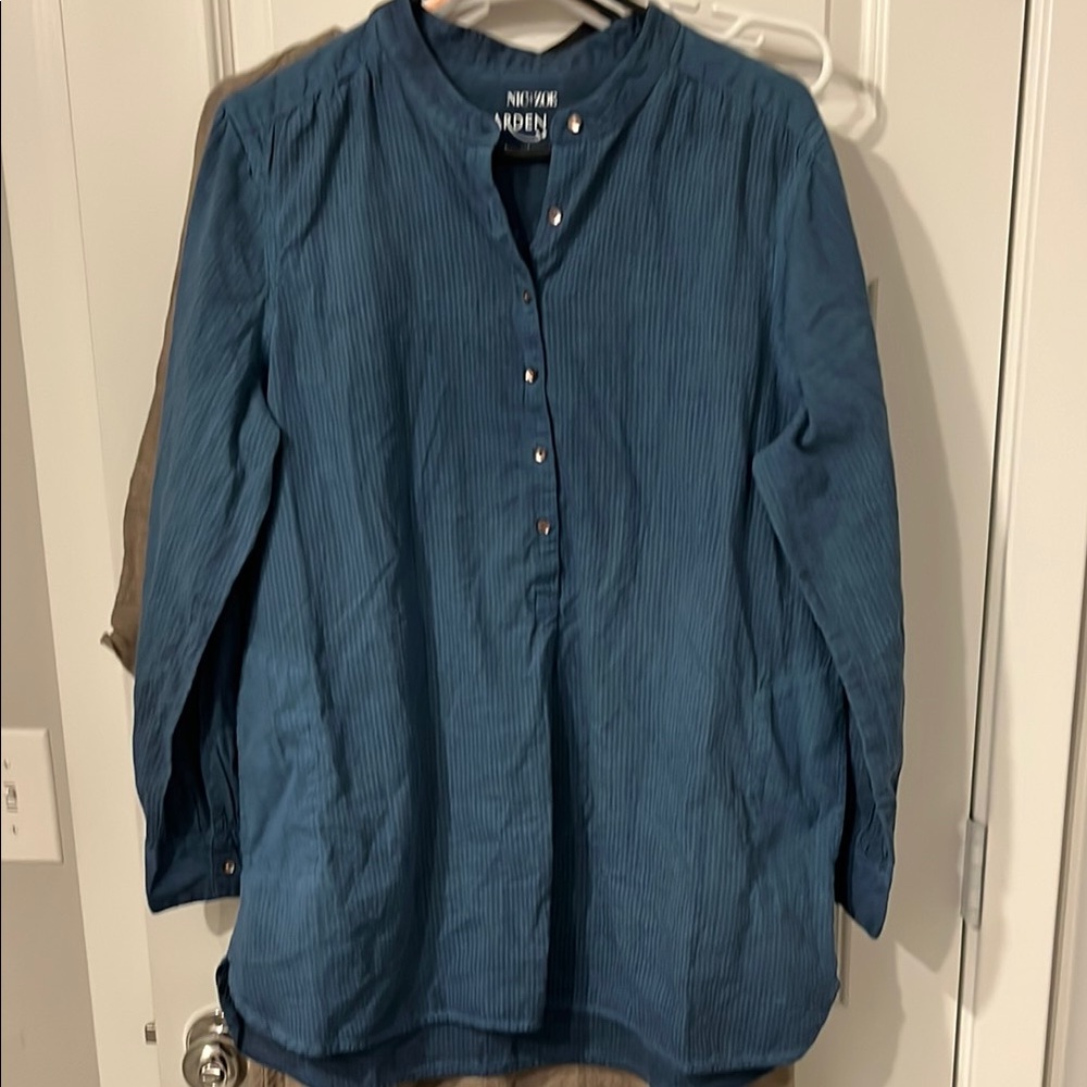 NICK AND ZOE THE GARDEN SHIRT POCKETS BLUE STRIPE SHIRT BLOUSE L LARGE GROW CUTE